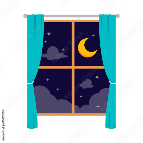 Night Sky View Through Window with Moon, Stars, and Clouds with Curtains
