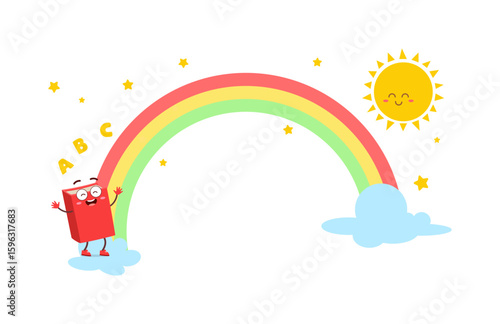 Cartoon Book Character Standing on Cloud with Rainbow Sun and Stars