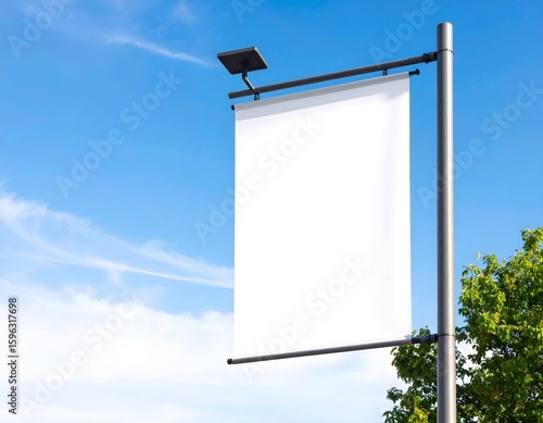 A blank white banner hangs from a street light pole against a blue sky.
