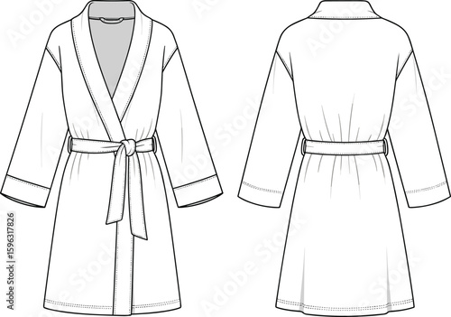 Flat vector CAD drawing of women’s bathrobe with belt, long sleeves, and shawl collar, front and back technical sketch