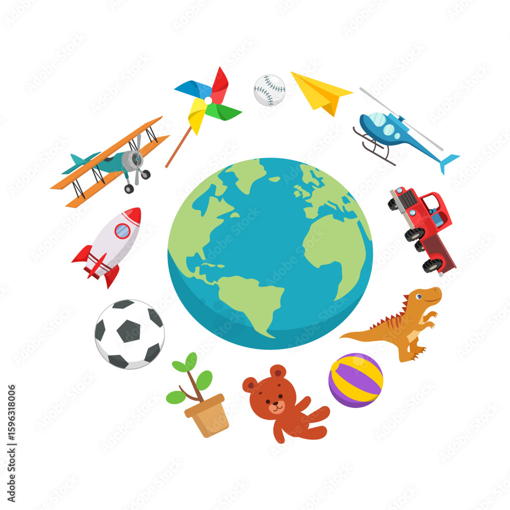 Naklejka premium Earth surrounded by airplane, helicopter, rocket, truck, toy, dinosaur, soccer ball, paper plane