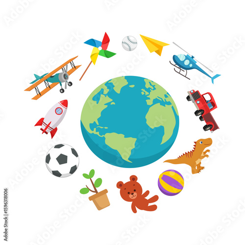 Earth surrounded by airplane, helicopter, rocket, truck, toy, dinosaur, soccer ball, paper plane