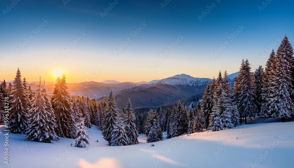 Fototapeta premium snowy mountain landscape at sunrise with pine trees in foreground winter peace