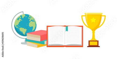 Globe, books and golden trophy with star for education and knowledge concept