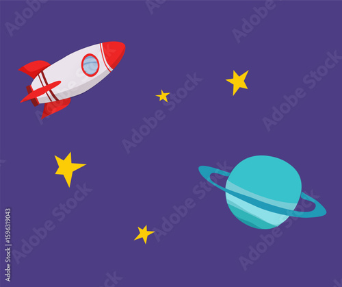 Cartoon rocket and a planet with a ring floating in a star filled space.