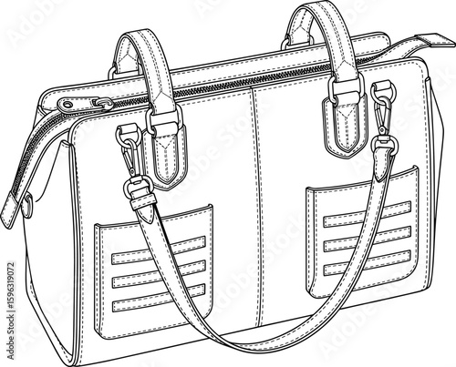 Flat vector cad drawing of women's handbag with top handles, shoulder strap, zipper closure, pocket details, technical bag sketch illustration