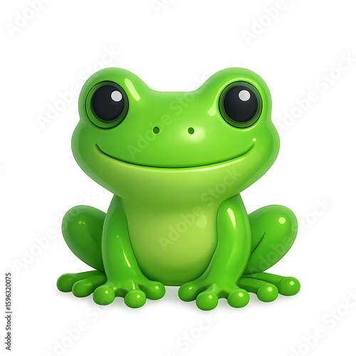Happy green frog cartoon in 3D with big eyes and wide smile. Great for educational tools, games, or nature-themed designs
