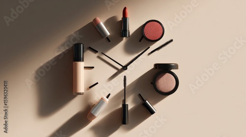 Makeup products arranged in a clock face