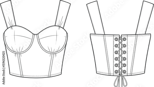 Flat vector cad drawing of women's bustier top with wide straps, cup detailing, and back lace-up closure, fashion sketch