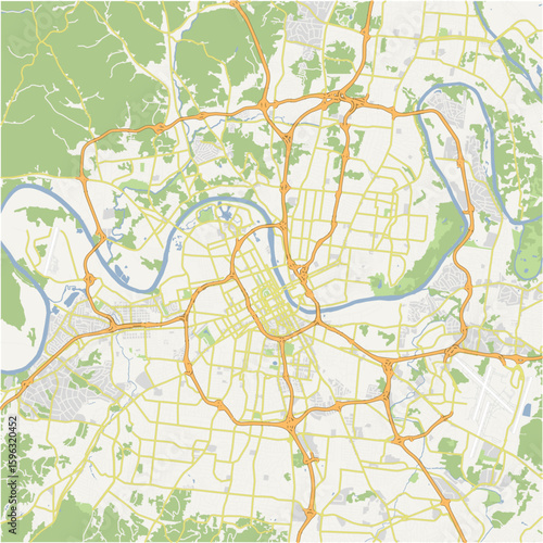 Map of Nashville in Tennessee in a normal road map style. Contains layered vector with roads water, parks, etc.