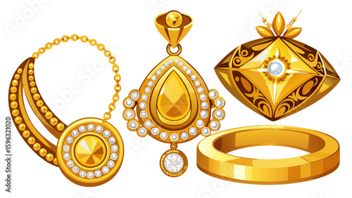 Elegant gold jewelry set with diamond ring, earrings, and pendant on white background