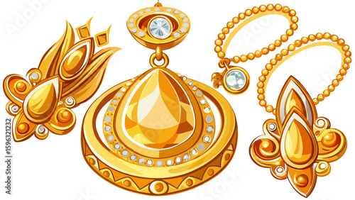 Elegant gold jewelry set with diamond ring, earrings, and pendant on white background