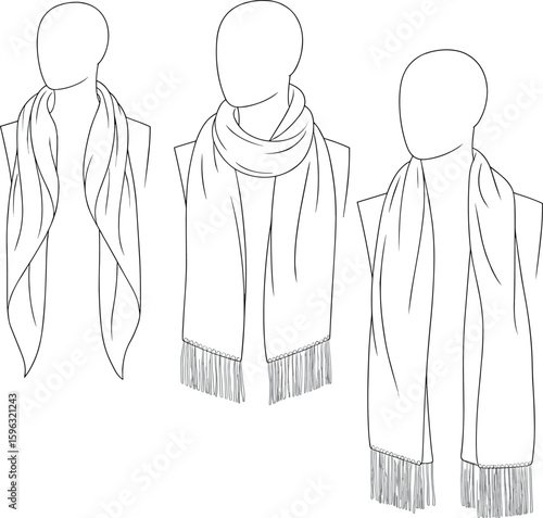 CAD drawing flat vector illustration, fashion scarf design on mannequin, different scarf styles, front view, technical sketch template