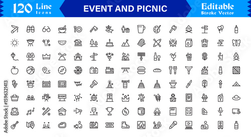 Event and Picnic Party Symbols – Professional Modern Line Icon Pack with Unique Vector Style for Festive, Outdoor, and Community Activities