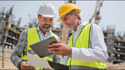 Two construction workers intently studying a tablet and papers at a building site, likely discussing project plans. The setting suggests hard work, technical knowledge, and collaborative effort