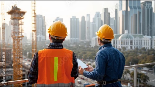 Construction workers observing a cityscape in the distance, showcasing the scale of their work