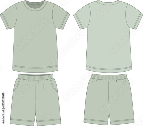 CAD drawing flat vector illustration, front and back view t-shirt and shorts set, kids clothing design, technical fashion sketch