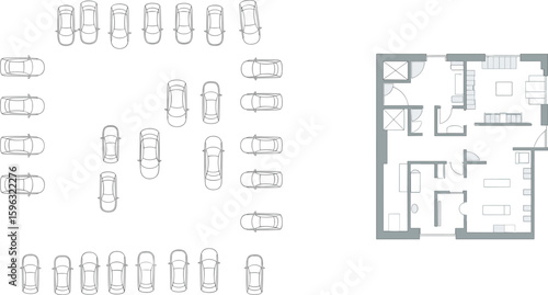 Top view car parking layout, house floor plan vector, CAD architectural drawing, interior blueprint, vehicle arrangement, flat design illustration