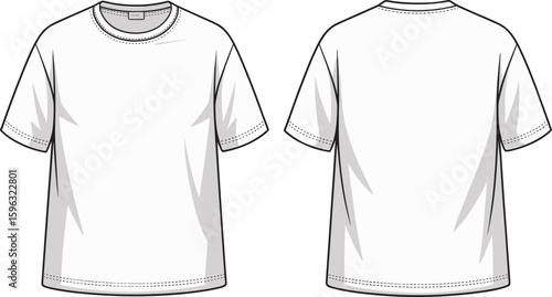 Flat vector CAD drawing of plain short sleeve t-shirt front and back view with round neck, detailed stitching and shadows