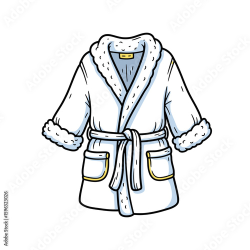 Cozy white bathrobe with fluffy collar and pockets on white background  