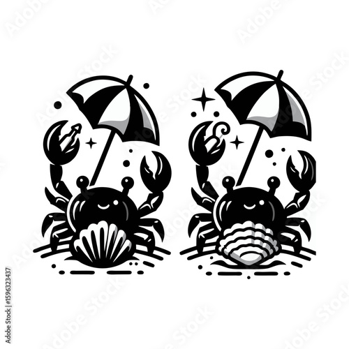 crab holding a seashell parasol on a sandy beach