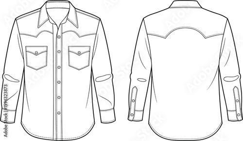 Technical flat vector CAD drawing of classic western shirt with front flap pockets, pointed yoke, collar, and cuff detail design