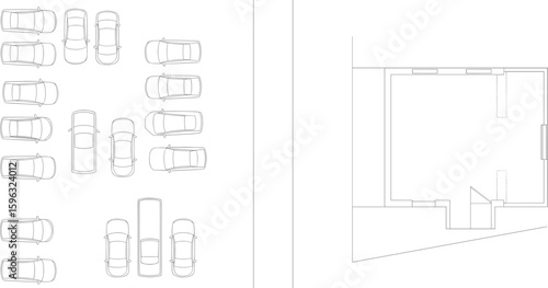 Modern CAD building layout with roadside car parking top view, architectural floor plan drawing, flat vector illustration, blueprint design