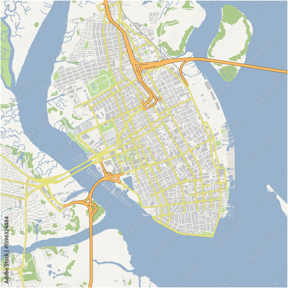 Obraz premium Map of Charleston in South Carolina in a normal road map style. Contains layered vector with roads water, parks, etc.