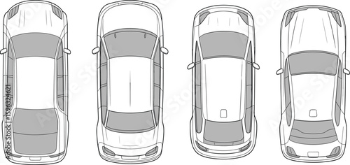 Top view car blueprint illustration, CAD vector drawing of modern sedans with detailed outlines, ideal for automotive design projects