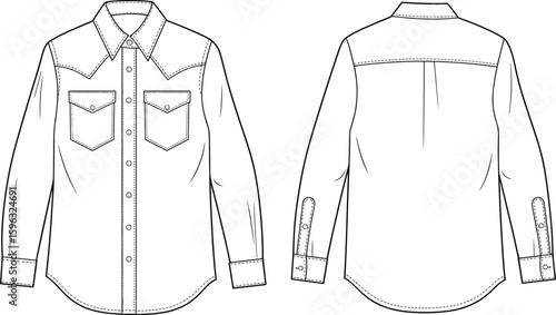 Flat vector CAD drawing of western style men’s shirt, technical fashion sketch front and back view with stitch detailing