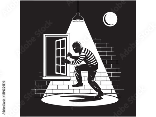 Fun cartoon vector drawing of a man in jail, on the roof, and on the phone with a woman, all designed with a graffiti illustration style