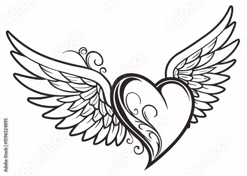 heart with wings love line art silhouette illustration vector