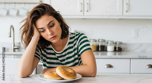 Pensive Woman with Bagels in a Bright Kitchen Contemplating Food Choices and Diet with a Look of Disappointment