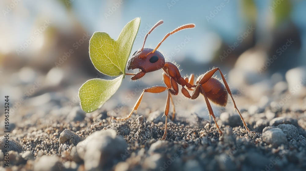 Ant carrying green leaf across sandy ground Ant carrying green leaf across sandy ground