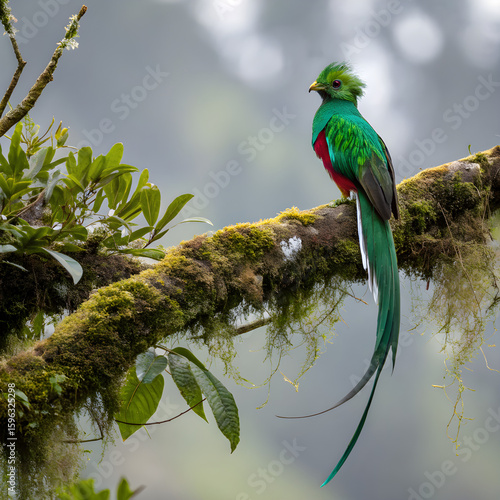  a Resplendent Quetzal in Cloud Forest A vibrant male resplendent quetzal perched on a mossy branch in the misty cloud forest