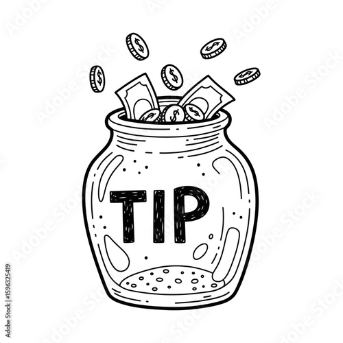 Tip jar filled with money and coins in doodle style  