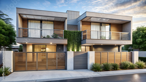 Contemporary duplex house with light grey facade and wooden slat detailing