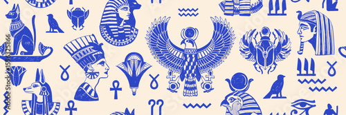 Egypt seamless pattern, vector hand drawn mythology background, ancient civilization texture print. Egyptian religion goddess design, traditional ornamental wallpaper, Nefertiti. Antique Egypt pattern