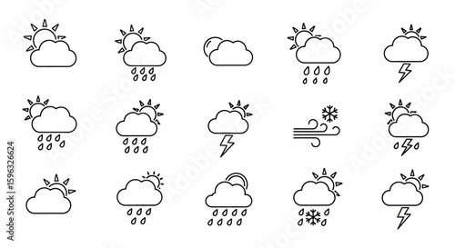 A collection of simple line icons depicting various weather conditions, including sun, clouds, rain, lightning, and wind.
