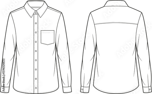 Technical flat sketch of classic button down shirt front and back view, long sleeve, collar, pocket, cad vector illustration design