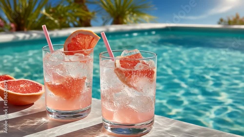 Refreshing grapefruit drink by the pool