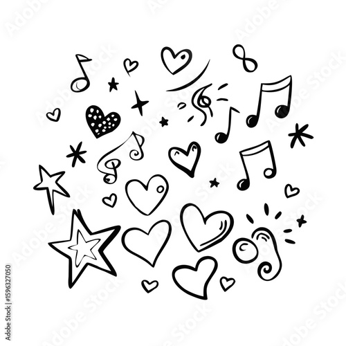 Hand drawn doodles black and white featuring various icons like hearts, stars, and musical notes. Vector cartoon illustration
