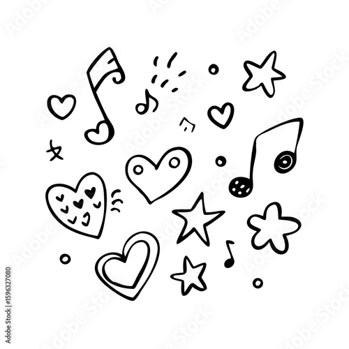 Hand drawn doodles black and white featuring various icons like hearts, stars, and musical notes. Vector cartoon illustration
