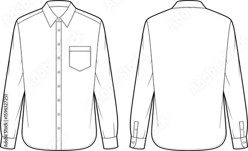 Front and back view long sleeve shirt technical sketch, button-down fashion template, cad drawing vector illustration for garment design flat