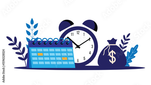 Clock with Money Bag and Calendar Isolated on White. Managing finances and coping with deadlines at business work vector art