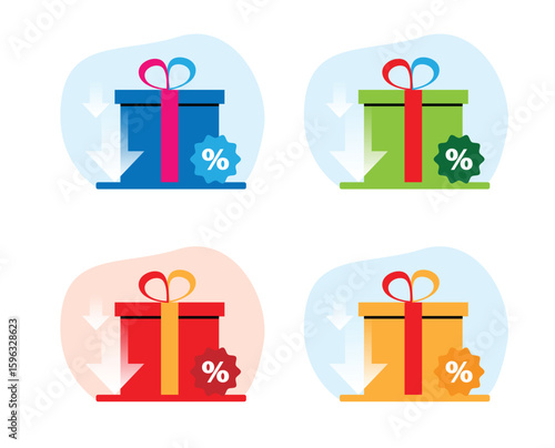 Present Box with Arrows and Discount Badge Different Colors. Sale campaign advertisement vector art