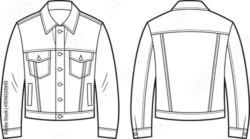 Front and back technical fashion drawing of denim jacket with collar, buttons, chest pockets, sleeve cuff, cad vector illustration