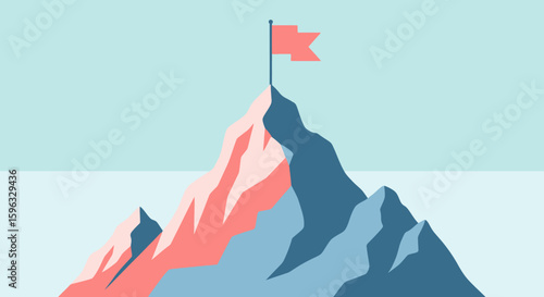 Dynamic Illustration of a Red Flag Planted Firmly on the Summit of a Tall, Jagged Mountain Peak, Symbolizing Achievement, Success, Goal Setting, and Overcoming Challenges