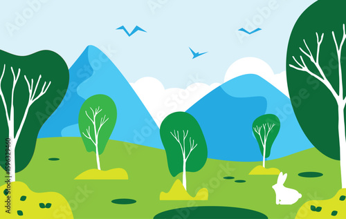 Summer Valley Landscape with Green Trees Mountains and Birds. Nature, change of seasons and outdoor scenery vector art