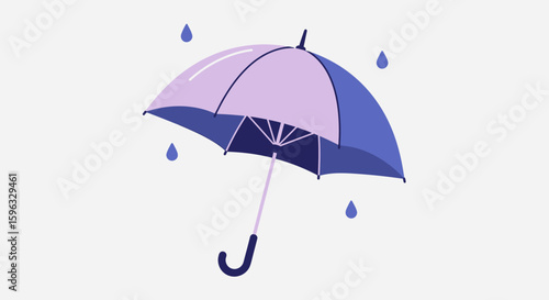 Vibrant Illustration of an Open Purple Umbrella with Visible Blue Raindrops Falling Around It, Symbolizing Protection from Weather, Preparedness, and Shelter